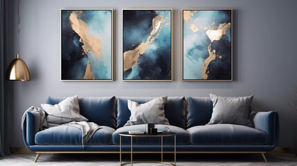 Modern living room with blue marble texture painted background on the wall,3D Watercolor abstract artificial marbled surface, Nordic emerald blue and gold for home decorative, Generated AI.