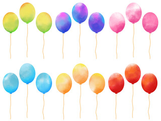 Hand drawn colorful balloons with watercolor. Illustration of birthday or party decoration, flying balloon with rope © HongSaMut