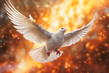 Peaceful Flight: White Dove Soaring Amidst Sparkling Lights, Symbolizing Peace, Freedom, and Love AI generated