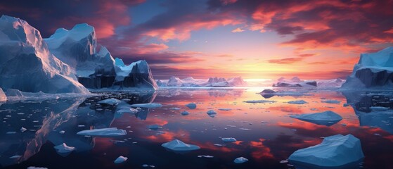 3D illustration Arctic landscape under the midnight sun, revealing gleaming icebergs and the calm, reflective sea ai generate