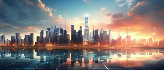 3D illustration Bustling cityscape under the soft glow of the setting sun. High-rise buildings with lit windows reflecting the twilight hues ai generate