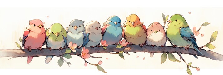 Cute flock of colorful birds on the tree branch. Generative AI
