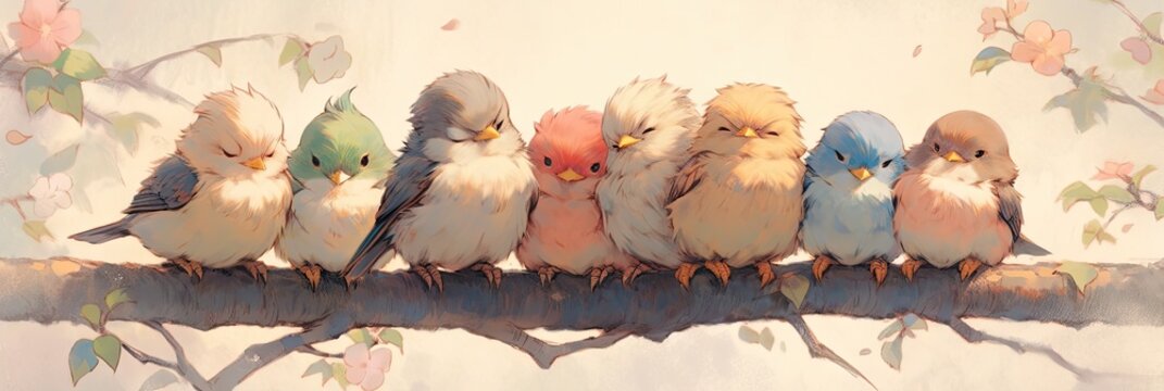 Cute flock of colorful birds on the tree branch. Generative AI © Real Fantasy Art