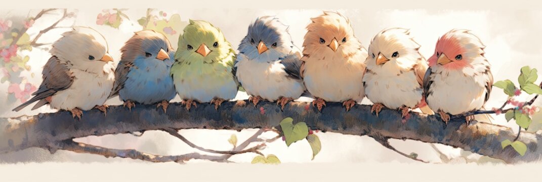 Cute flock of colorful birds on the tree branch. Generative AI