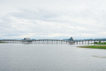 Fototapeta na wymiar Tsuru no Mai Bridge and Tsugaru Fujimi Lake in Aomori, Japan - 日本 青森 津軽富士見湖 鶴の舞橋
