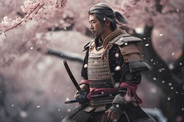 Japanese samurai with sword and katana on the background of cherry blossoms. Generative AI. - obrazy, fototapety, plakaty