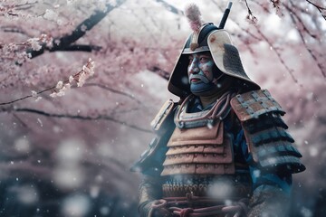 Japanese samurai warrior with sword and helmet on the background of cherry blossoms. Generative AI. - obrazy, fototapety, plakaty