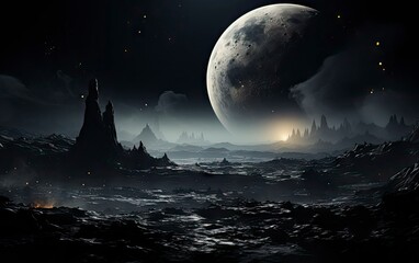 View from an alien planet with its own natural satellite planet in the background. Sci-fi concept, fantasy.