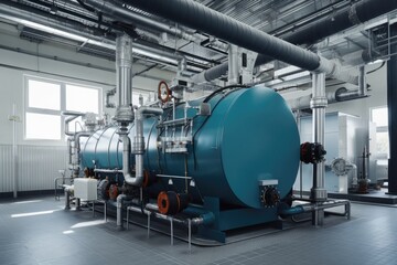 Modern boiler room with gas boilers, industrial heating. Generative AI