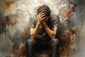 Illustration with a man with great psychological stress, anxiety and depression. 