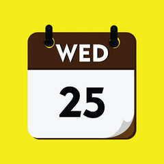 new year calendar icon, calendar with a date, new calendar, 25 wednesday icon with yellow background, 25 wednesday, day icon, calender icon