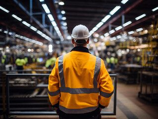 Engineer's perspective in an industrial factory, seen from behind, wearing a secure hard hat Generative ai