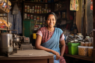 indian woman as shopkeeper in her small corner shop - obrazy, fototapety, plakaty