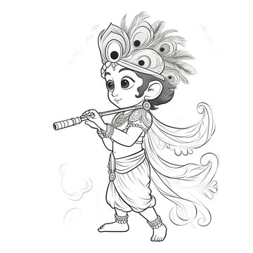 krishna playing flute black and white clip art preview