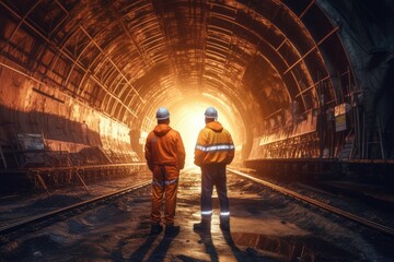 Architect and Engineer wearing safety underground construction supervisor checking the transport pipe tunnel boring machine for the subway. Construction teamwork concept. Generative Ai - obrazy, fototapety, plakaty