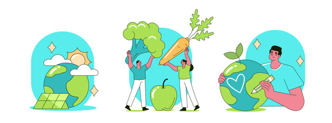 Fototapeta premium Sustainability and ecology concept illustration. Collections of characters trying to save planet earth, following vegan diet and using renewable energy resources. Vector illustrations set. 