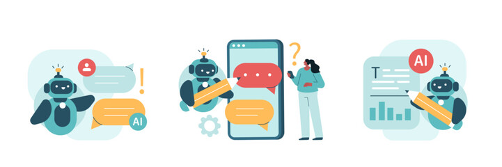 Artificial intelligence illustrations set. Collections of scenes with character communicating to AI chat bot. Neural network technology concept. Vector illustration.