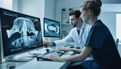Veterinarians Using Computer with Veterinary Clinic Online Medical Database