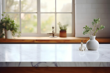 Fototapeta na wymiar Marble Stone Countertop Table for Product Presentation in Kitchen