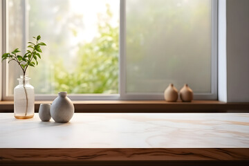 Fototapeta na wymiar empty marble table top with window curtain blur background