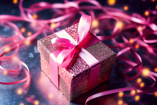 Boite cadeau avec ruban rose - Cadeau de Noël - Générative IA
