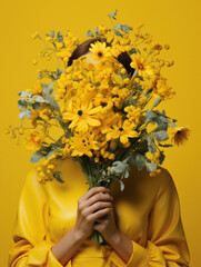 Frau mit Blumenstrauss auf gelben Hintergrund, Woman with bouquet of flowers on yellow background