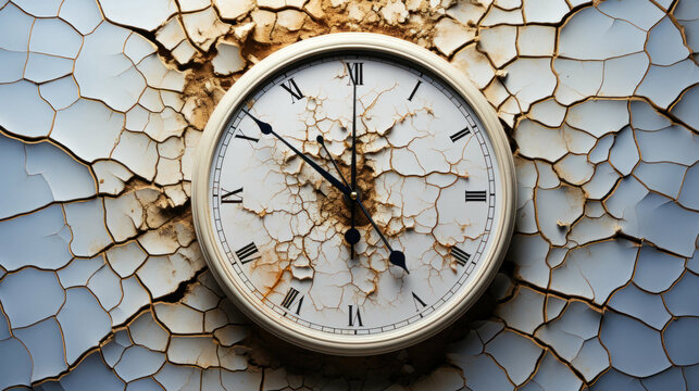 an intense portrayal of relentless passage of time - a damaged wall clock surrounded by cracks, encapsulating the inexorable march of time, optimized for 16:9 high-resolution display. Ai Generated