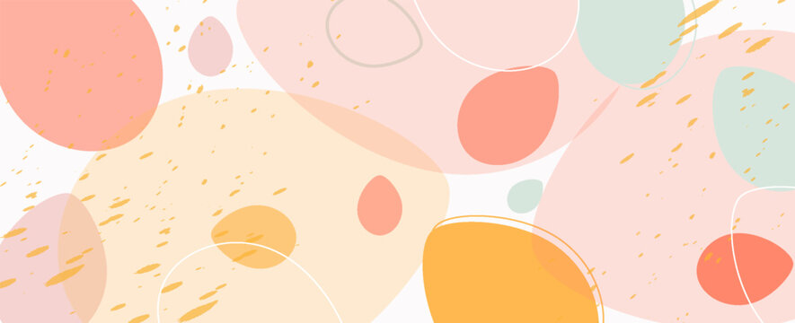 Happy Easter banner. Trendy Easter design with typography, hand painted strokes and dots, eggs, bunny ears, in pastel colors. Modern minimal style. Horizontal poster, greeting card, header for website