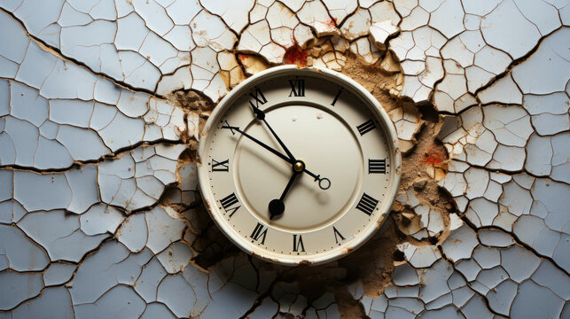 an intense portrayal of relentless passage of time - a damaged wall clock surrounded by cracks, encapsulating the inexorable march of time, optimized for 16:9 high-resolution display. Ai Generated