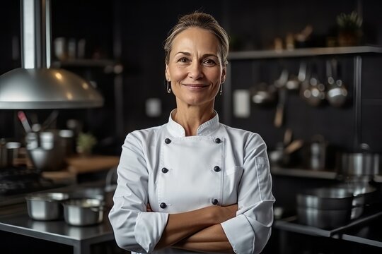 Portrait Of Smiling Mature Female Chef Standing With Arms Crossed In Kitchen