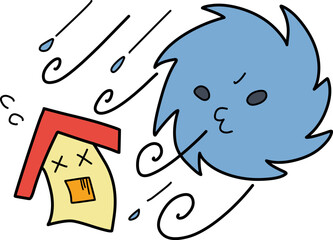 キャラクター風にデフォルメした台風と家のイラスト