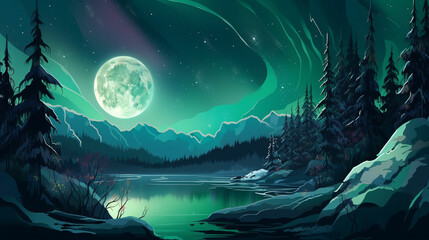 Obraz premium A Night Scene With Full Moon And Mountains In The Background Made With Generative AI