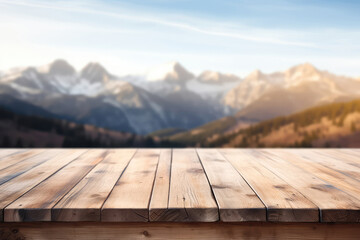 Empty Rustic Wooden Table On The Background Of Defocused Mountains In Pastel Colors. Mock Up With Space For Your Product. Generative AI