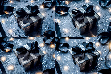 Boite cadeau gris argenté avec ruban - Cadeau de Noël - Générative IA