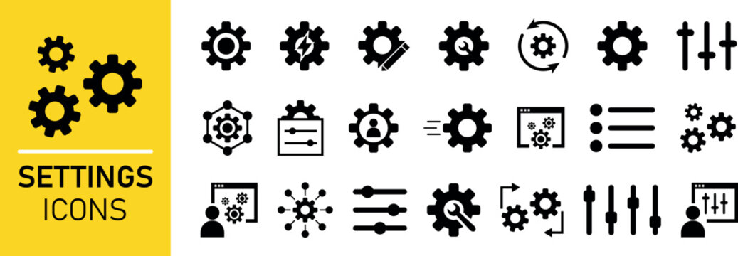 Settings, icons collection. Containing options, configuration, preferences, adjustments, operation, gear, control panel, equalizer, management, optimization and productivity icons.
