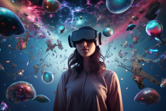 Young creative female using VR glasses. Fantasy world. High quality photo