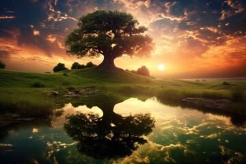 a majestic tree standing tall in a vibrant green field