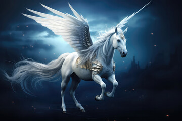 Obraz na płótnie Canvas White Unicorn With Wings In The Blue Hour, Ultra Realistic. Generative AI