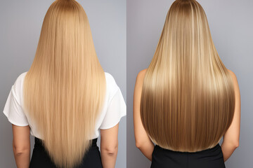 Hair Treatment Or Hair Extensions. Woman With Long Blonde Hair, Back View, Before And After Salon Treatment. Generative AI