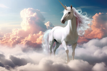 Obraz na płótnie Canvas White Unicorn In The Clouds With Rainbow, Ultra Realistic. Generative AI