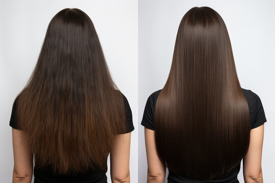 Woman With Long Hair, Back View, Showing The Results Of Keratin Treatment, Before And After Salon Treatment. Generative AI