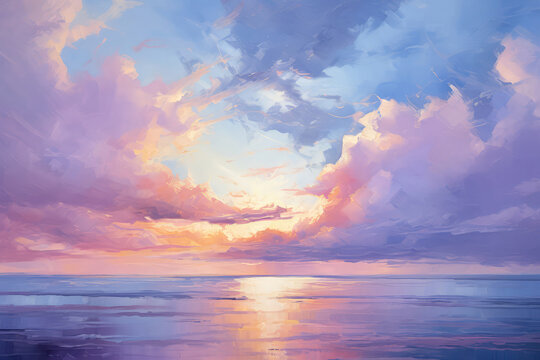 Oil Painting With Broad Strokes Of Clouds, Purple Sunset. Generative AI