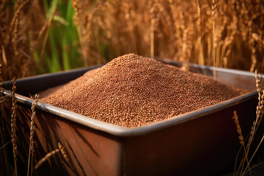 Teff Grains In Container On Teff Crop Background. Generative AI