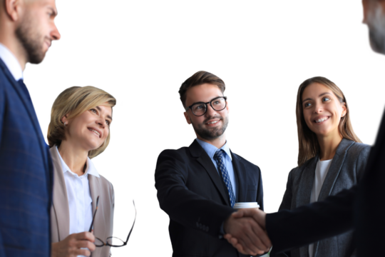 Business people shaking hands, finishing up a meeting on a transparent background