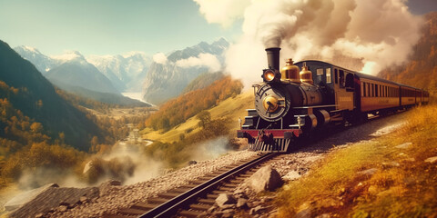 Obraz premium Roaring 20s Railways Vintage Steam Locomotive Chugs Through Verdant Mountains AI generated