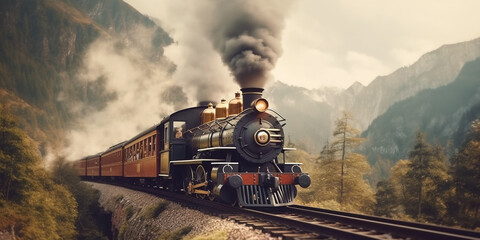 Obraz premium Roaring 20s Railways Vintage Steam Locomotive Chugs Through Verdant Mountains AI generated