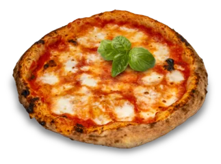 Poster Pizza margherita from Naples with tomato sauce and with mozzarella and basil leaves isolated © framarzo