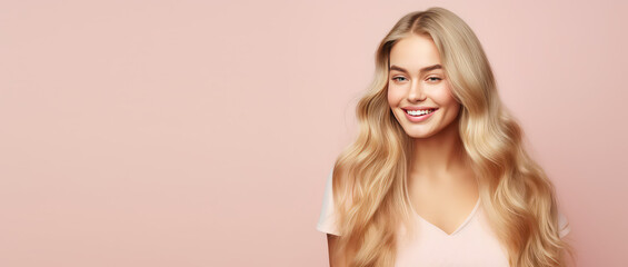 Smiling young woman with blonde long groomed hair isolated on pastel flat background with copy space. Blonde hair care products banner template, hair salon.