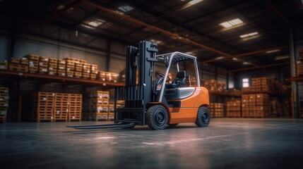 Forklift loads pallets and boxes in warehouse, Machinery concept, Logistics in stock.