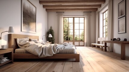 Interior design of modern bedroom with hardwood floor and ceiling curtains looking out of the balcony to see tree, Good place to relax.